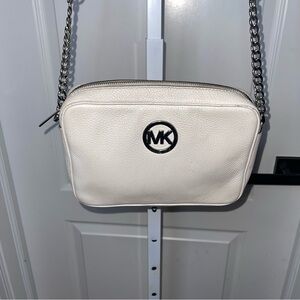 Michael Kors White Leather Crossbody Bag MK Logo Chain Strap